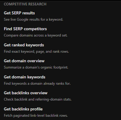 The Role SEO competitive research tool group, listing Get SERP results, Find SERP competitors, Get ranked keywords, Get domain overview, Get domain keywords, Get backlinks overview, and Get backlinks profile
