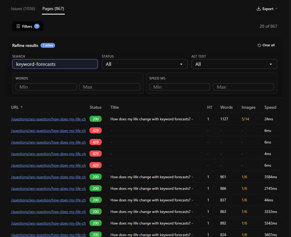 Role SEO site audit pages tab filtered to one question slug, showing 20 of 867 crawled URLs, all sharing the title "How does my life change with keyword forecasts? -" with word counts between 824 and 1,127, four of them returning 429 and the rest returning 200